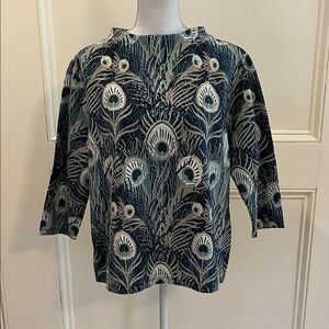 Talbots Navy and Cream Peacock Pattern Blouse